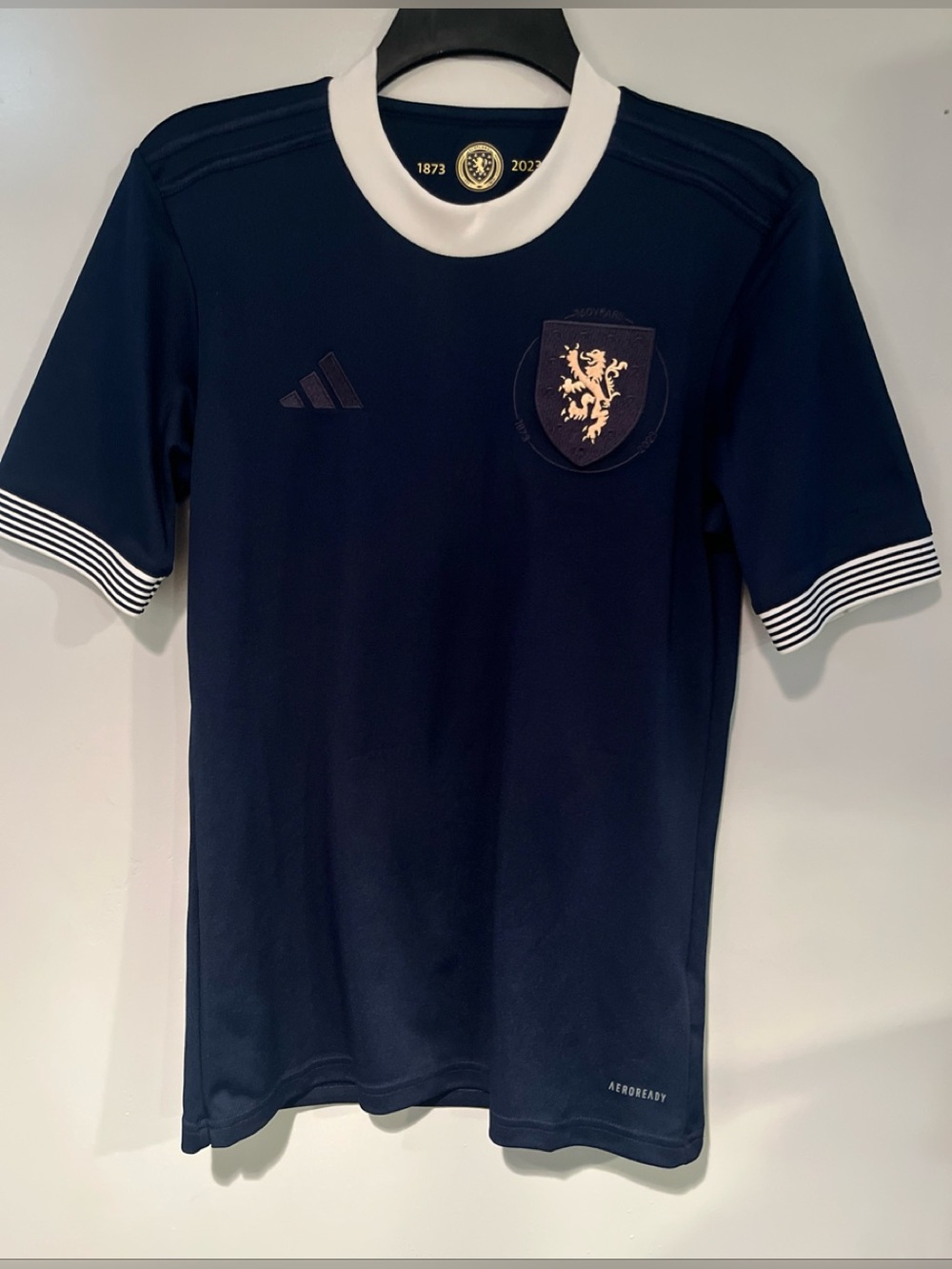 adidas scotland Navy Blue Football Jersey with White Collar and Crest
